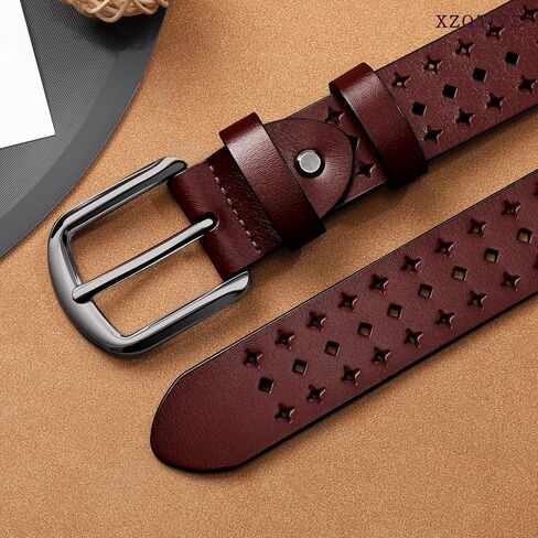أحزمة XZQTIVE من الجلد الطبيعي المجوف للنساء مع إبزيم دبوس، حزام خصر كاجوال أنيق لسراويل الجينز - القهوة، الخصر المناسب 32"-35" in Kuwait