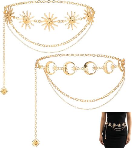 Molain 2Pcs Multilayer Chain Belt for Women, Metal Waist Chain with Sun Pendant Adjustable Belly Chain Skinny Belts for Dresses Jeans in Saudi Arabia
