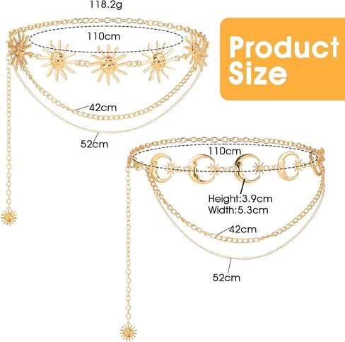 Molain 2Pcs Multilayer Chain Belt for Women, Metal Waist Chain with Sun Pendant Adjustable Belly Chain Skinny Belts for Dresses Jeans in Saudi Arabia