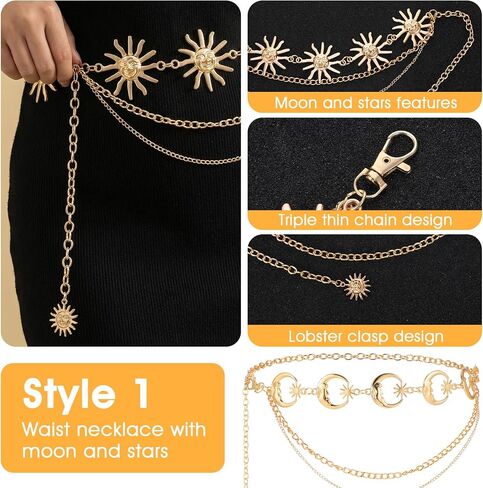 Molain 2Pcs Multilayer Chain Belt for Women, Metal Waist Chain with Sun Pendant Adjustable Belly Chain Skinny Belts for Dresses Jeans in Saudi Arabia