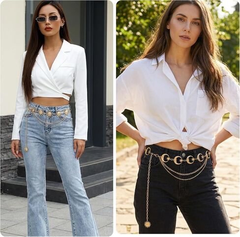 Molain 2Pcs Multilayer Chain Belt for Women, Metal Waist Chain with Sun Pendant Adjustable Belly Chain Skinny Belts for Dresses Jeans in Saudi Arabia