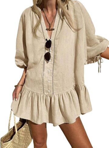 CHARTOU Women Summer Lace Ruffle Mini Dress 3/4 Bow Sleeve Beach Loose Peplum Babydoll Dress in Kuwait