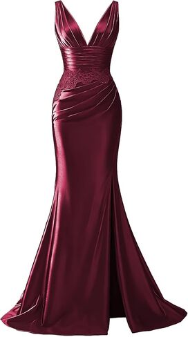 Lace Appliques Satin Prom Dresses with Slit Mermaid V Neck Formal Evening Dresses TQ023 in Saudi Arabia