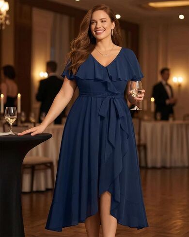 Pinup Fashion Plus Size Dresses for Wedding Guest - Women 2026 Cocktail Chiffon High Low Ruffle Long Dress in Kuwait