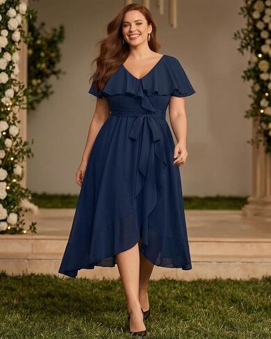 Pinup Fashion Plus Size Dresses for Wedding Guest - Women 2026 Cocktail Chiffon High Low Ruffle Long Dress in Kuwait