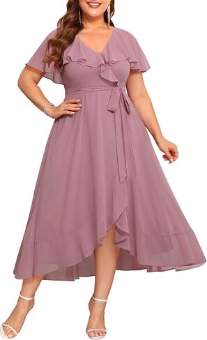 Pinup Fashion Plus Size Dresses for Wedding Guest - Women 2026 Cocktail Chiffon High Low Ruffle Long Dress in Kuwait