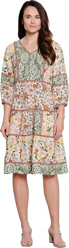 John Mark Womens Clothing | Woven Mix Print Tiered Three Quarters Sleeve Dress with Smocked Placket in Saudi Arabia