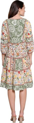 John Mark Womens Clothing | Woven Mix Print Tiered Three Quarters Sleeve Dress with Smocked Placket in Saudi Arabia