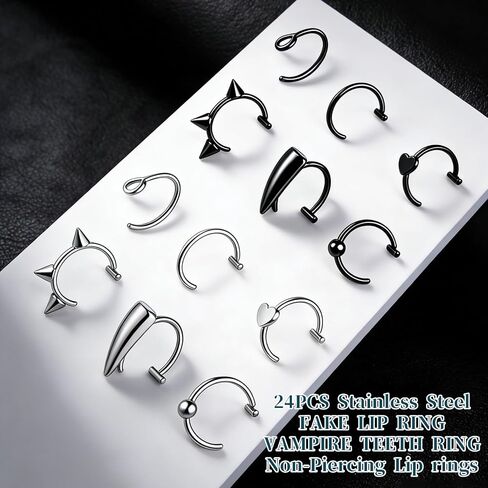 tucnoeu 24pcs حلقة الشفاه وهمية، وهمية لدغات الأفعى الشفاه ثقب الشفاه غير ثقب الشفاه الكفة الأذن الكفة الجراحية الصلب وهمية مصاص دماء الأسنان الدائري عدة للنساء الرجال هالوين المجوهرات كليب القرط هوب in Kuwait