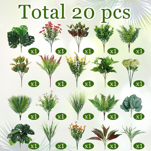 Suncalla 20 قطعة من النباتات الاصطناعية في الهواء الطلق، نباتات استوائية صناعية سيقان خضراء مختلطة مع نبات السرخس الصناعي المقاوم للأشعة فوق البنفسجية في الهواء الطلق لحديقة الشرفة وديكور المنزل in Kuwait