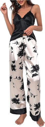 Women's Satin Pajamas Lace Deep V Neck Cami Top and Floral Print Tie Front Pants Lounge Sets Sleepwear in Kuwait