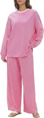 Women's 2 Piece Striped Lounge Set Loungewear Long Sleeve Tops and Wide Leg Pants Casual Matching Set Pajamas Set in Saudi Arabia