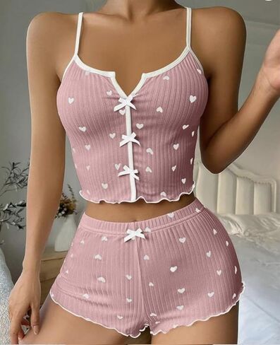 Womens Cami Pajama Sets 2 Piece Cute Print Pjs Soft Tank Top & Elastic Waist Shorts Camisole Lounge Set in Kuwait