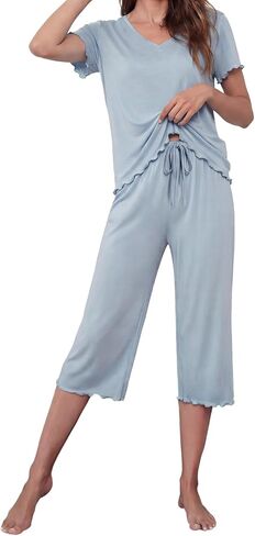 LUBOT 2026 Ruffle Womens Capri Pants Pajamas Set Bamboo Viscose Pjs Cooling PJ 2 Piece V Neck Short Sleeve Sleepwear in Saudi Arabia