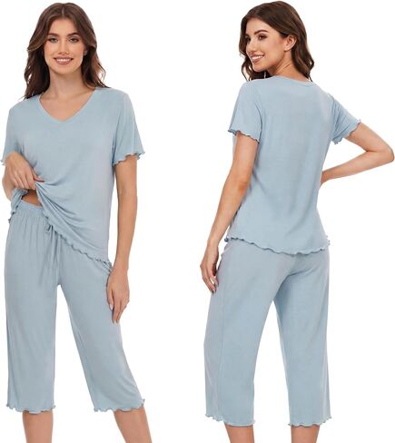 LUBOT 2026 Ruffle Womens Capri Pants Pajamas Set Bamboo Viscose Pjs Cooling PJ 2 Piece V Neck Short Sleeve Sleepwear in Saudi Arabia