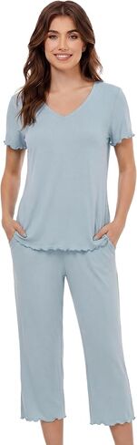LUBOT 2026 Ruffle Womens Capri Pants Pajamas Set Bamboo Viscose Pjs Cooling PJ 2 Piece V Neck Short Sleeve Sleepwear in Saudi Arabia