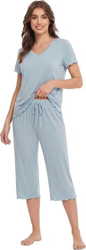 LUBOT 2026 Ruffle Womens Capri Pants Pajamas Set Bamboo Viscose Pjs Cooling PJ 2 Piece V Neck Short Sleeve Sleepwear in Saudi Arabia