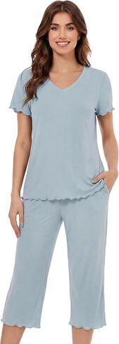 LUBOT 2026 Ruffle Womens Capri Pants Pajamas Set Bamboo Viscose Pjs Cooling PJ 2 Piece V Neck Short Sleeve Sleepwear in Saudi Arabia