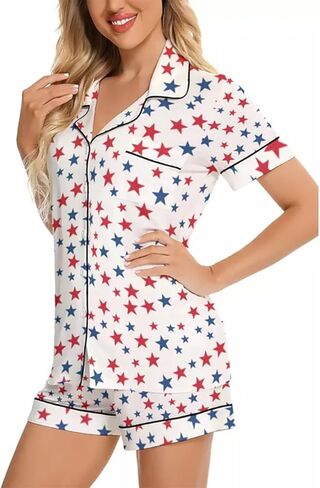 RUEWEY Women Satin Pajamas Set Star Print Buttton Down Shirt With Chest Pocket Shorts Lounge Set Sleepwear in Saudi Arabia