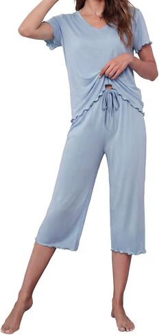 LUBOT 2026 Ruffle Womens Capri Pants Pajamas Set Bamboo Viscose Pjs Cooling PJ 2 Piece V Neck Short Sleeve Sleepwear in Saudi Arabia