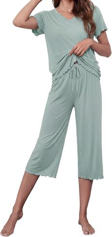 LUBOT 2026 Ruffle Womens Capri Pants Pajamas Set Bamboo Viscose Pjs Cooling PJ 2 Piece V Neck Short Sleeve Sleepwear in Saudi Arabia