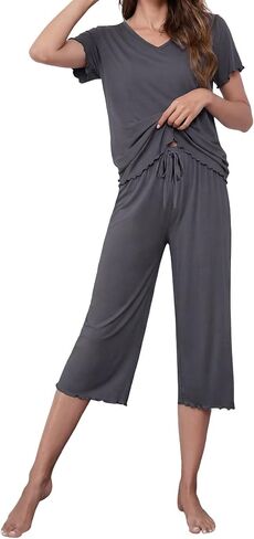 LUBOT 2026 Ruffle Womens Capri Pants Pajamas Set Bamboo Viscose Pjs Cooling PJ 2 Piece V Neck Short Sleeve Sleepwear in Saudi Arabia