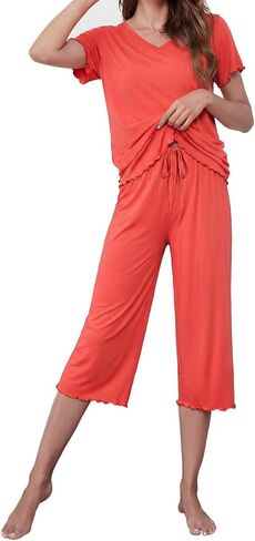 LUBOT 2026 Ruffle Womens Capri Pants Pajamas Set Bamboo Viscose Pjs Cooling PJ 2 Piece V Neck Short Sleeve Sleepwear in Saudi Arabia