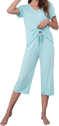 LUBOT 2026 Ruffle Womens Capri Pants Pajamas Set Bamboo Viscose Pjs Cooling PJ 2 Piece V Neck Short Sleeve Sleepwear in Saudi Arabia