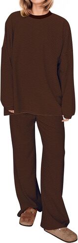 Striped Womens 2 Piece Lounge Set Oversized Long Sleeve Crewneck T-Shirt Wide Leg Pants Matching Pajamas Sets in Saudi Arabia