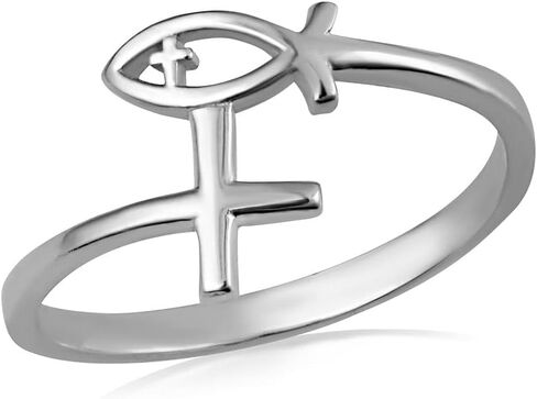 925 Sterling Silver 2mm Christian Jesus Ichthys Fish Cross Wraparound Faith Band Statement Ring for Women Girls, Available in Sizes 4-12 in Saudi Arabia