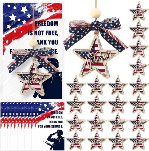 AceOrbit 25 Sets Veterans Day Gifts Bulk Star Shaped Veteran Ornament American Flag Hanging Ornament with Thank You Cards Patriotic Themed Military Gifts for Christmas New Year Party Souvenirs in Kuwait