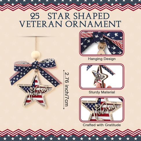 AceOrbit 25 Sets Veterans Day Gifts Bulk Star Shaped Veteran Ornament American Flag Hanging Ornament with Thank You Cards Patriotic Themed Military Gifts for Christmas New Year Party Souvenirs in Kuwait