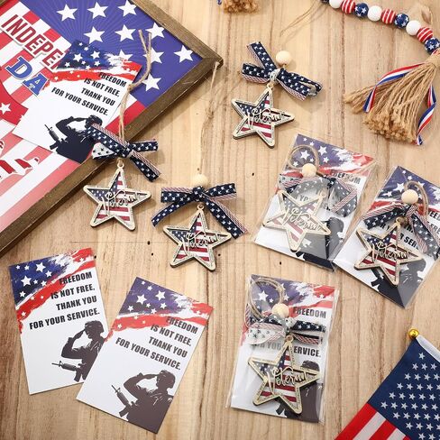 AceOrbit 25 Sets Veterans Day Gifts Bulk Star Shaped Veteran Ornament American Flag Hanging Ornament with Thank You Cards Patriotic Themed Military Gifts for Christmas New Year Party Souvenirs in Kuwait