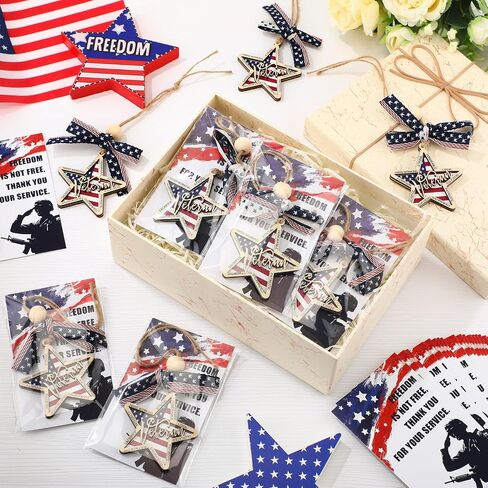 AceOrbit 25 Sets Veterans Day Gifts Bulk Star Shaped Veteran Ornament American Flag Hanging Ornament with Thank You Cards Patriotic Themed Military Gifts for Christmas New Year Party Souvenirs in Kuwait