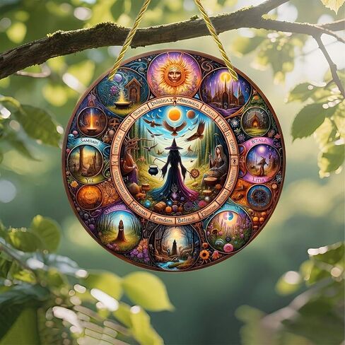 Colorful Acrylic Suncatcher, Halloween Witchcraft Wheel Seasonal Art 7-inch Hanging Window Wall Art Decor with Printed Stained Glass Style Design, Gift Idea & Garden Ornament Indoor Outdoor Use in Kuwait