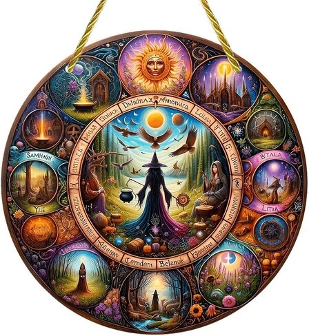 Colorful Acrylic Suncatcher, Halloween Witchcraft Wheel Seasonal Art 7-inch Hanging Window Wall Art Decor with Printed Stained Glass Style Design, Gift Idea & Garden Ornament Indoor Outdoor Use in Kuwait