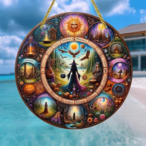 Colorful Acrylic Suncatcher, Halloween Witchcraft Wheel Seasonal Art 7-inch Hanging Window Wall Art Decor with Printed Stained Glass Style Design, Gift Idea & Garden Ornament Indoor Outdoor Use in Kuwait