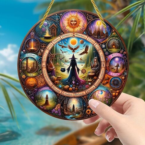 Colorful Acrylic Suncatcher, Halloween Witchcraft Wheel Seasonal Art 7-inch Hanging Window Wall Art Decor with Printed Stained Glass Style Design, Gift Idea & Garden Ornament Indoor Outdoor Use in Kuwait