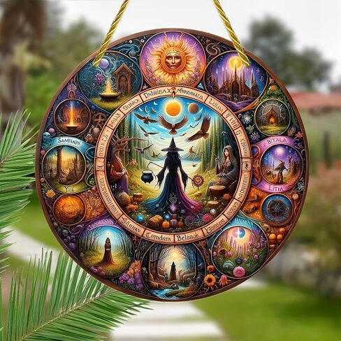 Colorful Acrylic Suncatcher, Halloween Witchcraft Wheel Seasonal Art 7-inch Hanging Window Wall Art Decor with Printed Stained Glass Style Design, Gift Idea & Garden Ornament Indoor Outdoor Use in Kuwait
