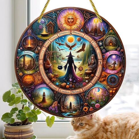 Colorful Acrylic Suncatcher, Halloween Witchcraft Wheel Seasonal Art 7-inch Hanging Window Wall Art Decor with Printed Stained Glass Style Design, Gift Idea & Garden Ornament Indoor Outdoor Use in Kuwait
