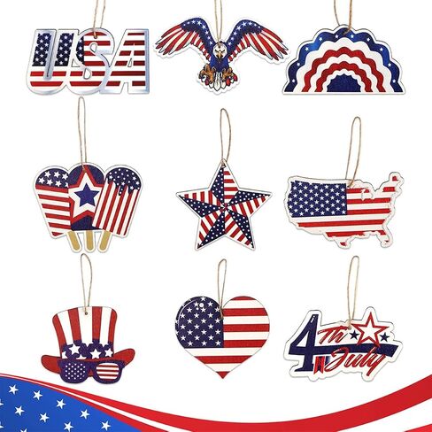 18Pcs 4th of July Ornaments for Tree Patriotic Wooden American Flag Ornaments Memorial Day Tree Decorations Red White Blue Hanging Decoration for Independence Day 250th Anniversary in Saudi Arabia