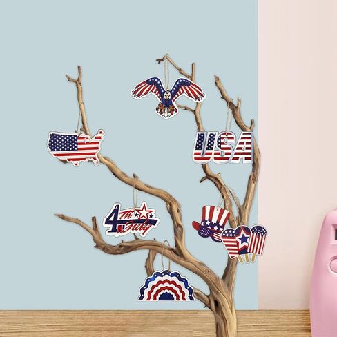18Pcs 4th of July Ornaments for Tree Patriotic Wooden American Flag Ornaments Memorial Day Tree Decorations Red White Blue Hanging Decoration for Independence Day 250th Anniversary in Saudi Arabia