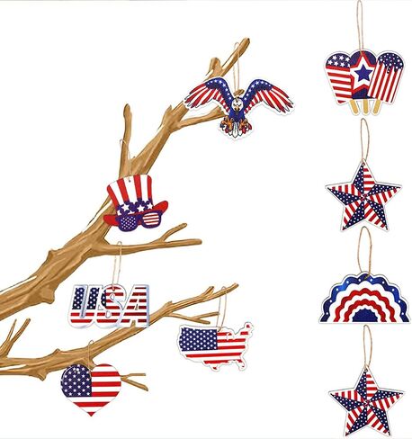 18Pcs 4th of July Ornaments for Tree Patriotic Wooden American Flag Ornaments Memorial Day Tree Decorations Red White Blue Hanging Decoration for Independence Day 250th Anniversary in Saudi Arabia