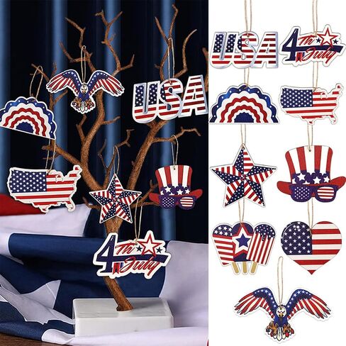 18Pcs 4th of July Ornaments for Tree Patriotic Wooden American Flag Ornaments Memorial Day Tree Decorations Red White Blue Hanging Decoration for Independence Day 250th Anniversary in Saudi Arabia