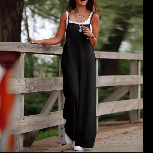 Womens Jumpsuit One Piece Wide Leg Pants Spaghetti Strap Pocketed Relaxed Fit Casual for Daily Wear Travel in Kuwait
