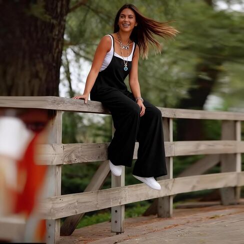 Womens Jumpsuit One Piece Wide Leg Pants Spaghetti Strap Pocketed Relaxed Fit Casual for Daily Wear Travel in Kuwait