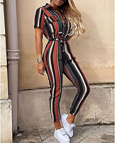 Women's Short Sleeve Zip Front Jumpsuit Striped Solid One Piece Outfit in Kuwait