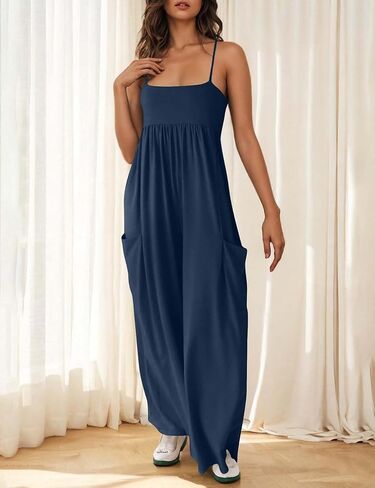 Women's Spaghetti Strap Maxi Jumpsuit with Pockets, Navy Blue Loose Fit Wide Leg Romper in Kuwait