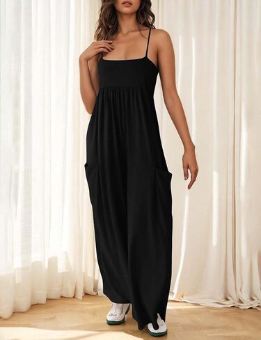 Women's Spaghetti Strap Maxi Jumpsuit with Pockets, Navy Blue Loose Fit Wide Leg Romper in Kuwait