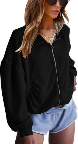 Vivitulip Full Zip Up Sweatshirts Casual Long Sleeve Pocketed Jacket Coat Relaxed Fit Tops in Saudi Arabia